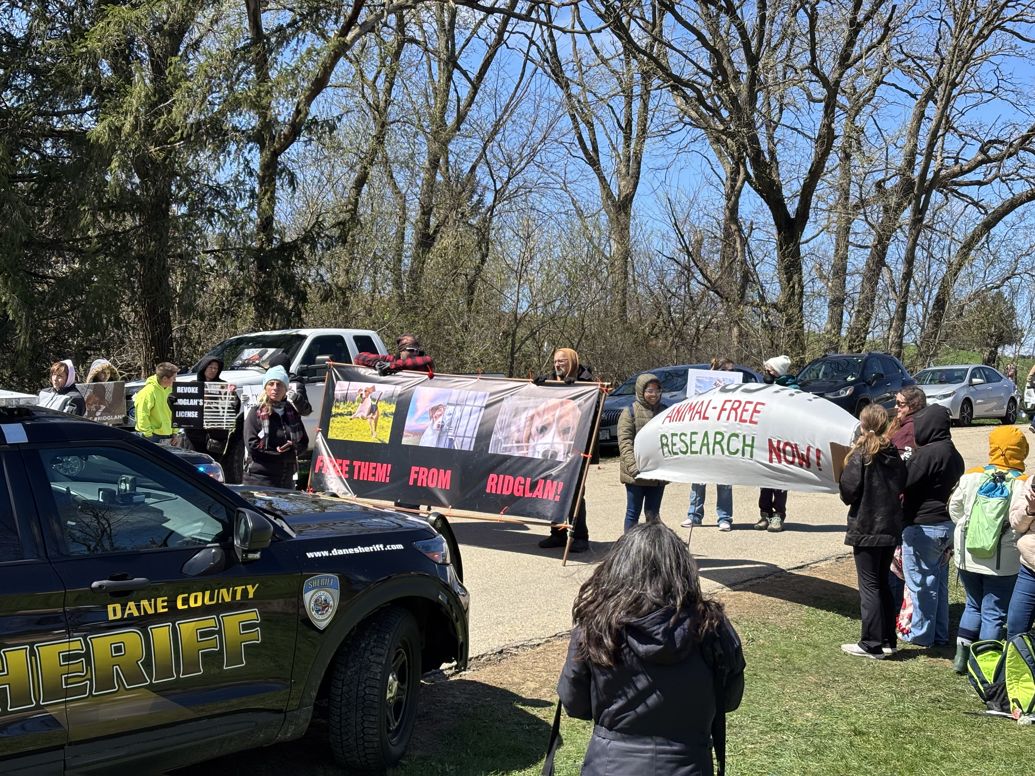 Demonstrators with signs at the police line.